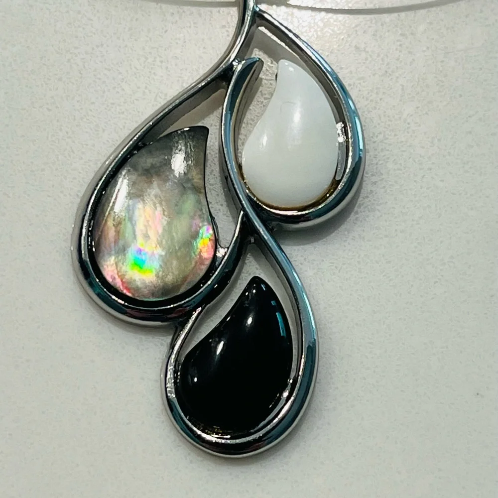 Lia Sophia Tear Drop Two Toned Silver and Black Abalone Mother of Pearl and Onyx - Picture 1 of 8
